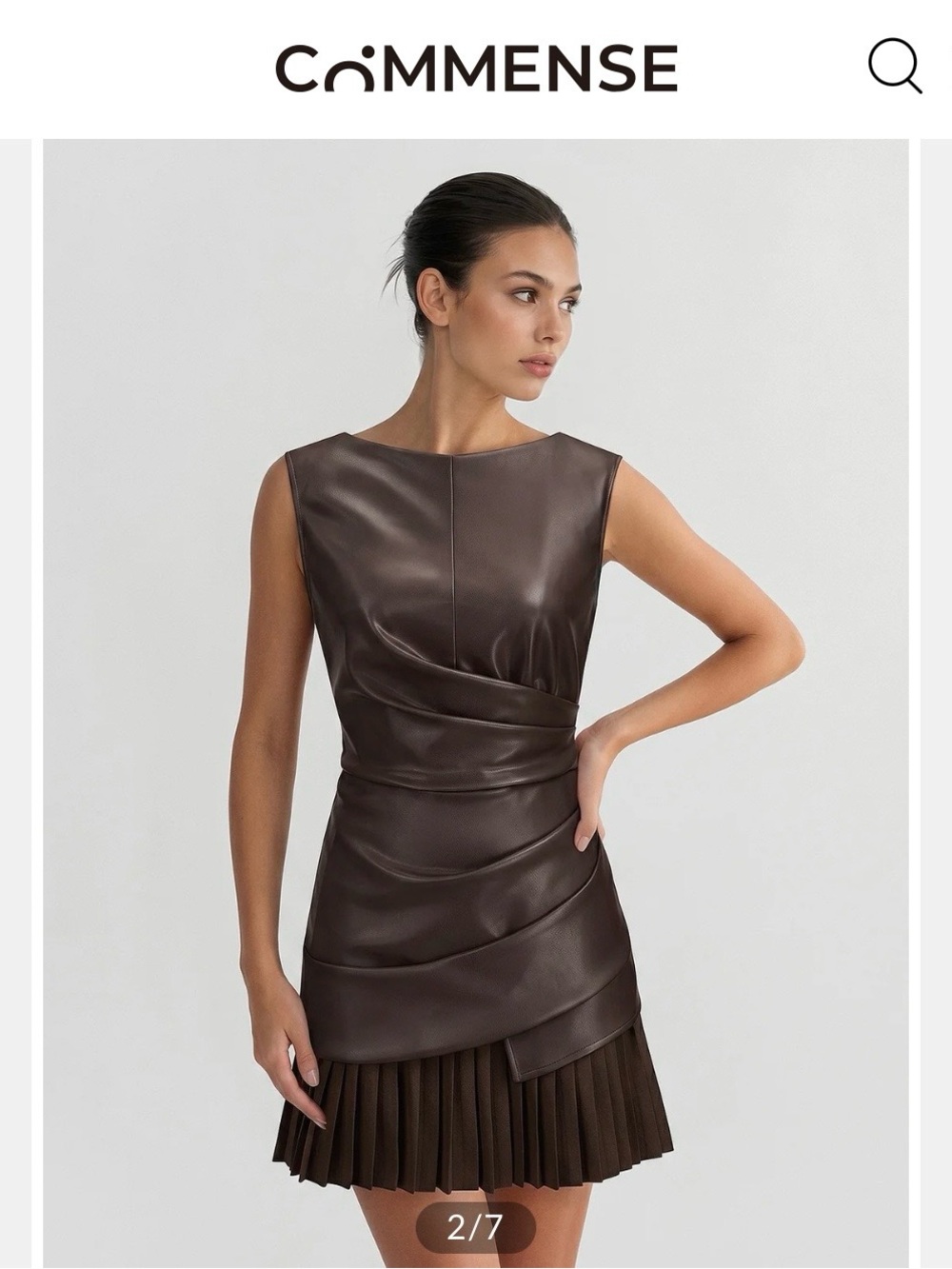 Commense Dark Brown Faux Leather Wrapped Mini Dress